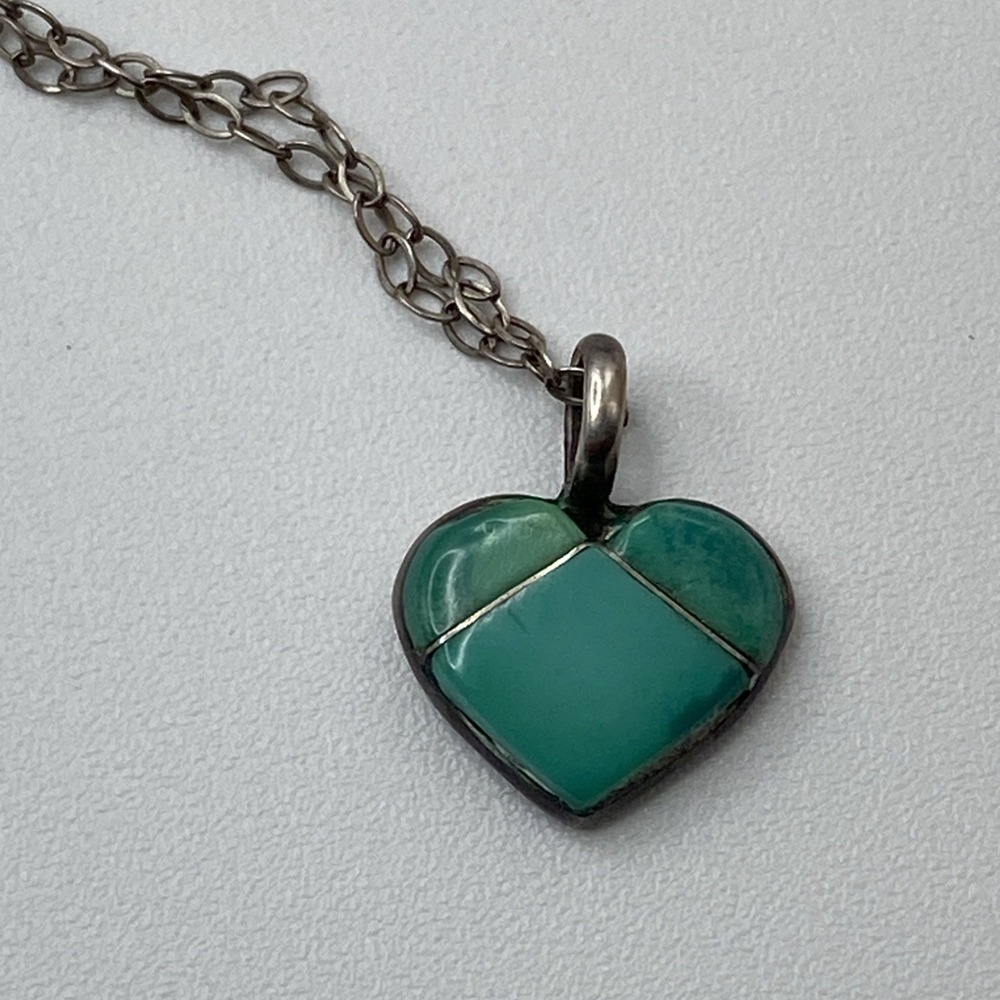 Heart Necklace Womens OS Teal Excellent Turquoise Inlay 925 Silver